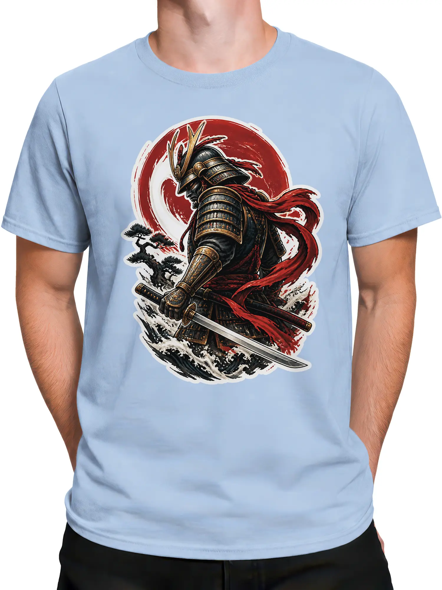 Male torso wearing a light blue samurai T-shirt with katana, armor, red scarf, and ocean wave artwork