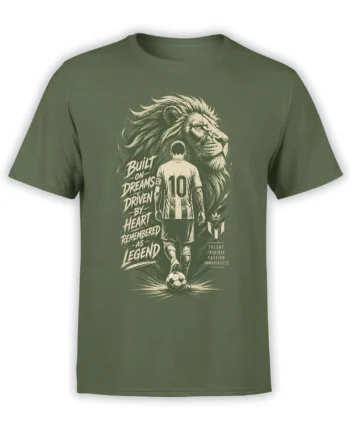 Olive green soccer T-shirt with a lion, number 10 player, soccer ball, and “Built on Dreams” lettering