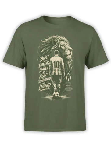 Olive green soccer T-shirt with a lion, number 10 player, soccer ball, and “Built on Dreams” lettering