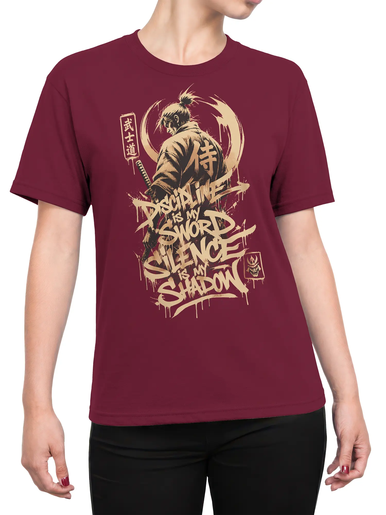 Female torso wearing burgundy samurai t-shirt with sword artwork and bold cream warrior lettering