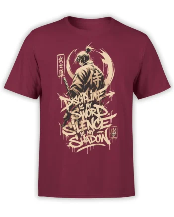 Burgundy samurai t-shirt with sword, Japanese characters, and cream “Discipline Is My Sword” design