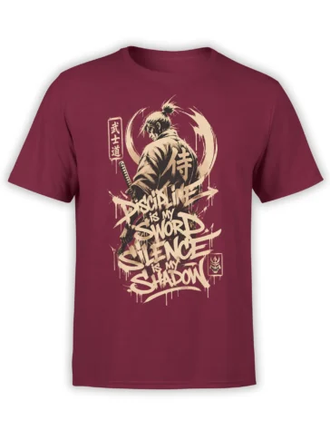 Burgundy samurai t-shirt with sword, Japanese characters, and cream “Discipline Is My Sword” design
