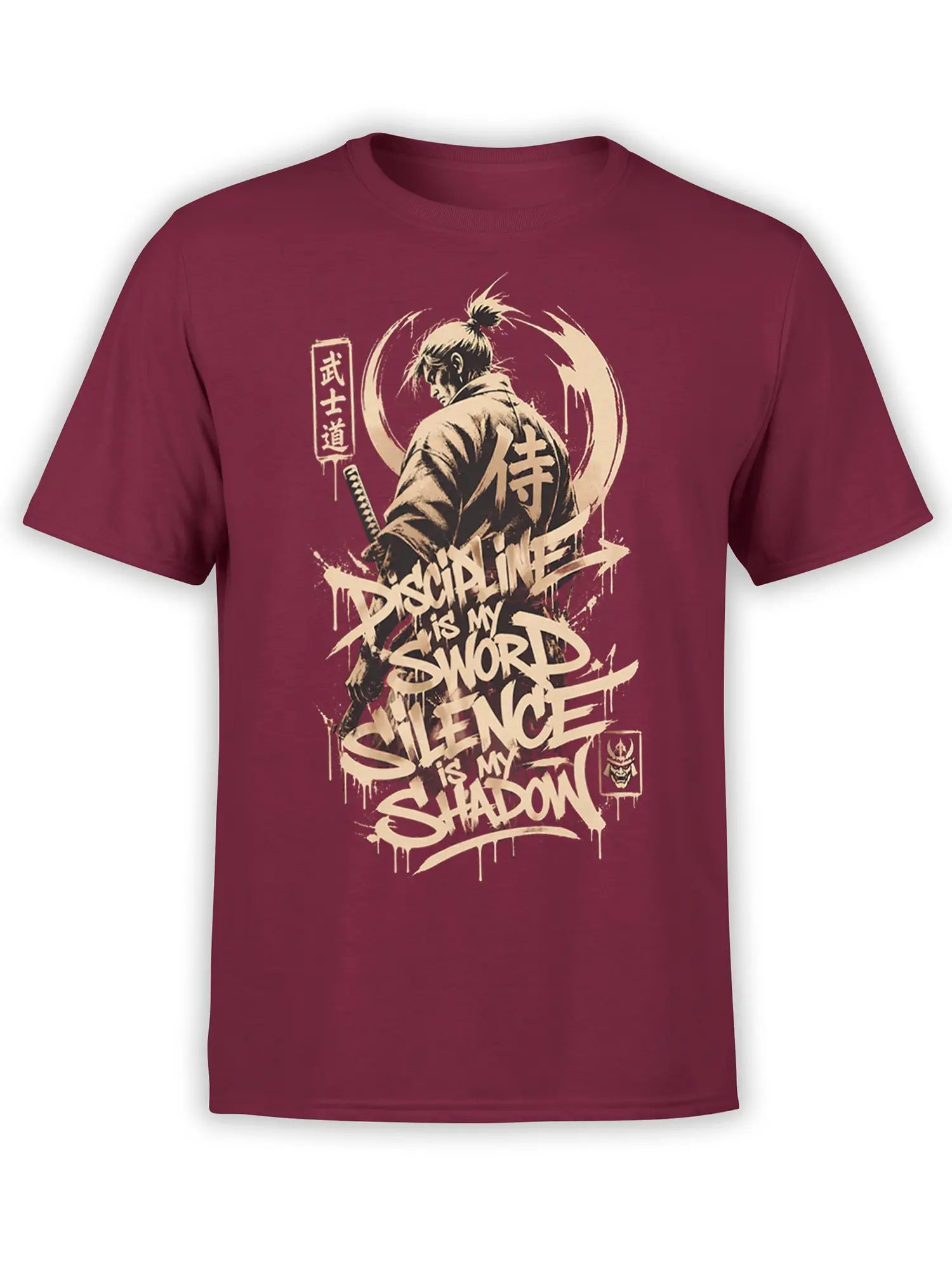 Burgundy samurai t-shirt with sword, Japanese characters, and cream “Discipline Is My Sword” design
