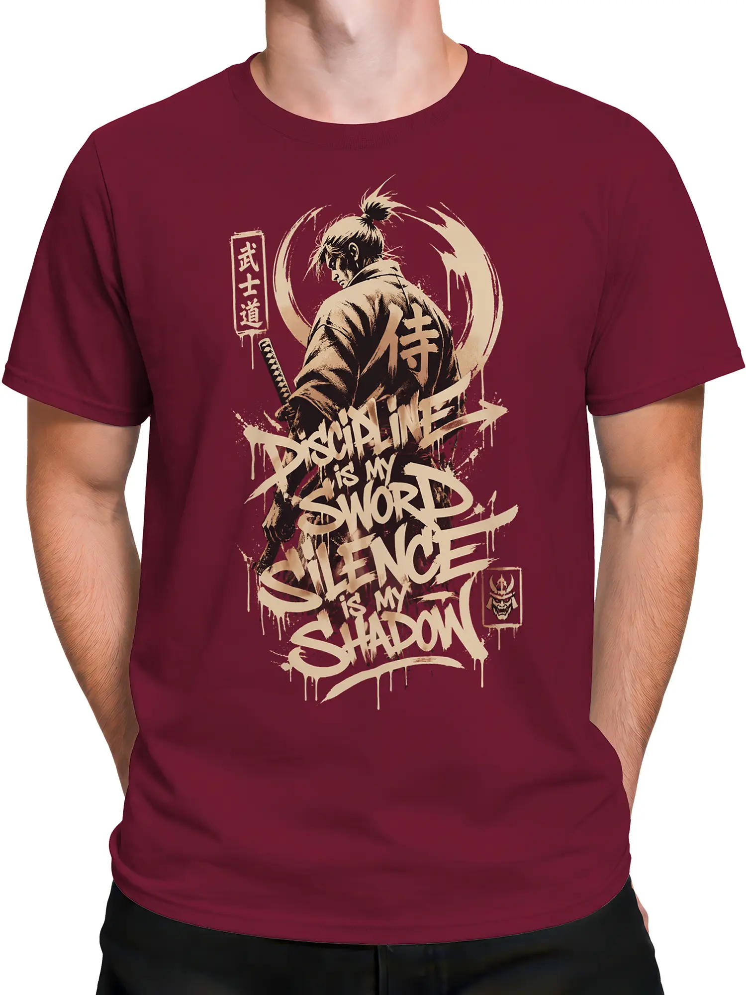 Male torso wearing burgundy samurai t-shirt with Japanese warrior artwork and discipline message