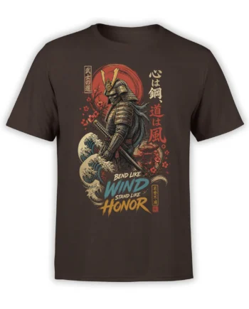 Brown samurai T-shirt with katana, red sun, ocean waves, cherry blossoms, and “Bend Like Wind” lettering