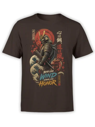 Brown samurai T-shirt with katana, red sun, ocean waves, cherry blossoms, and “Bend Like Wind” lettering