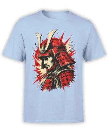 Samurai warrior portrait in red armor and gold crest printed on a light blue T-shirt