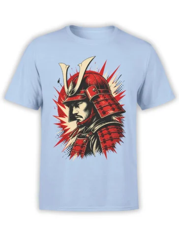 Samurai warrior portrait in red armor and gold crest printed on a light blue T-shirt