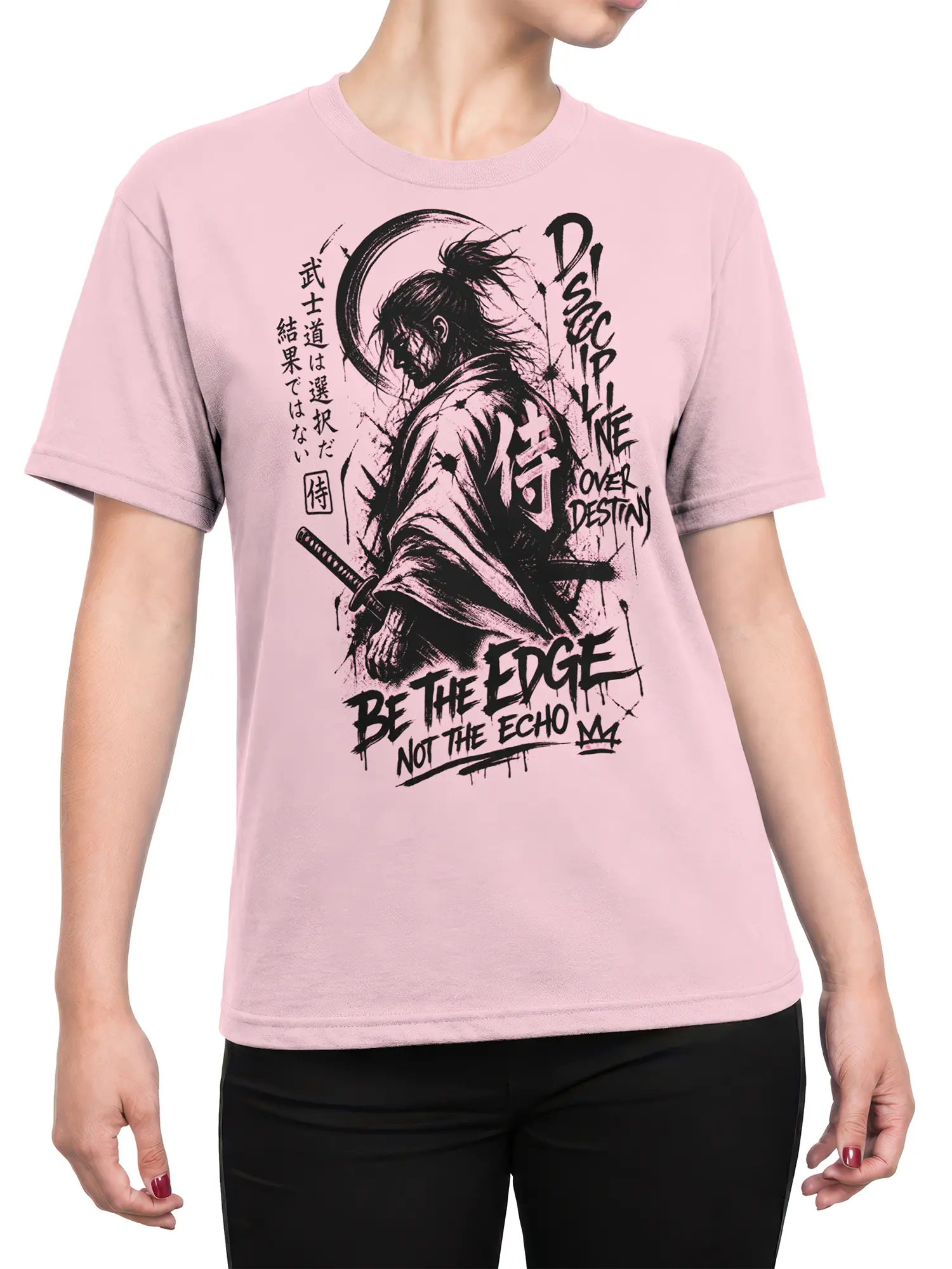 Female torso wearing a pink samurai T-shirt with black warrior artwork and Japanese-inspired lettering