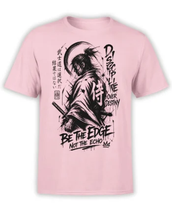 Pink T-shirt with black ink samurai warrior, sword, Japanese lettering, and “Be the Edge” slogan