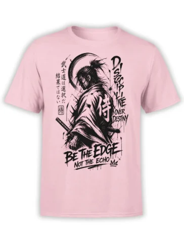 Pink T-shirt with black ink samurai warrior, sword, Japanese lettering, and “Be the Edge” slogan