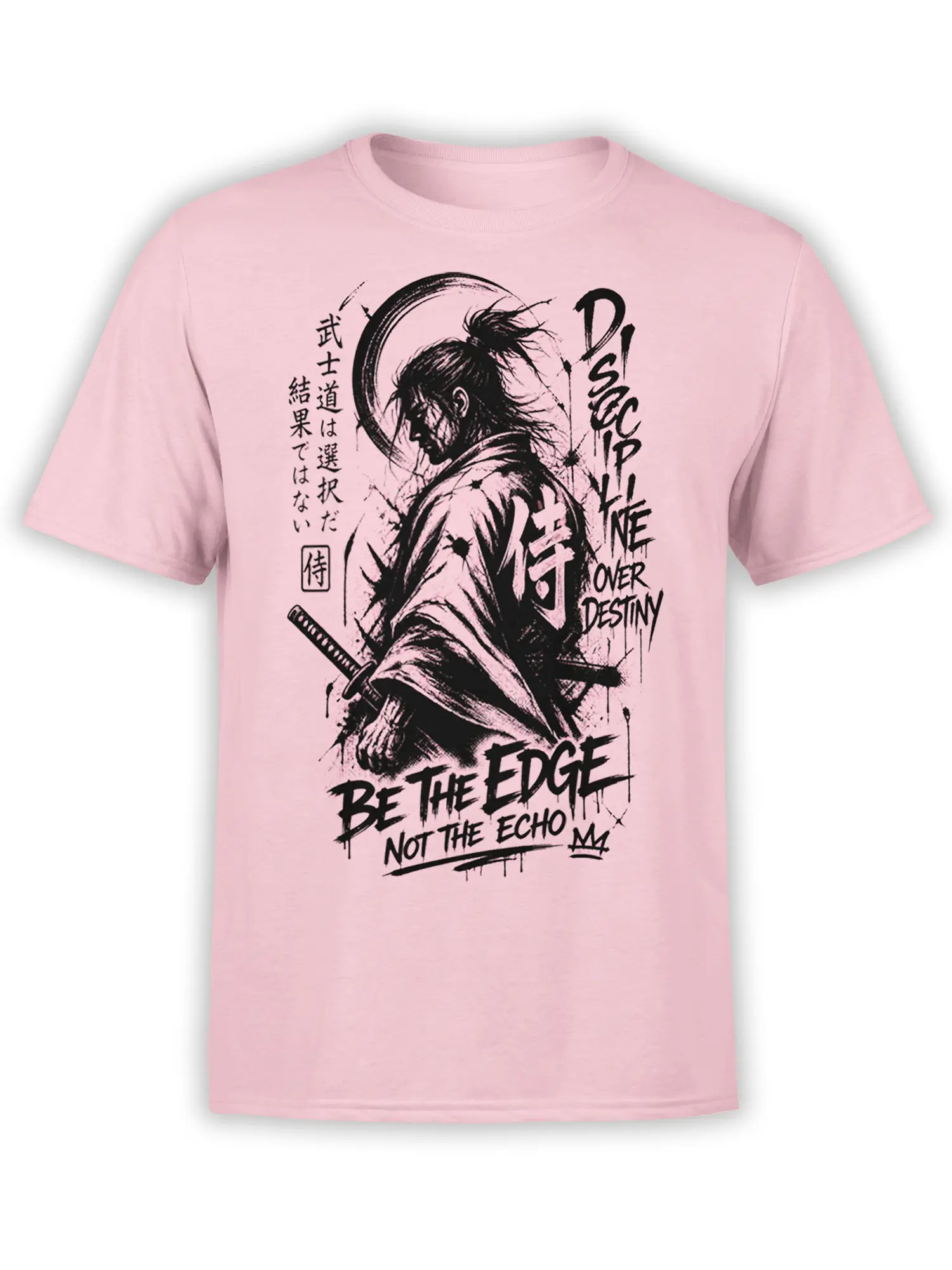 Pink T-shirt with black ink samurai warrior, sword, Japanese lettering, and “Be the Edge” slogan