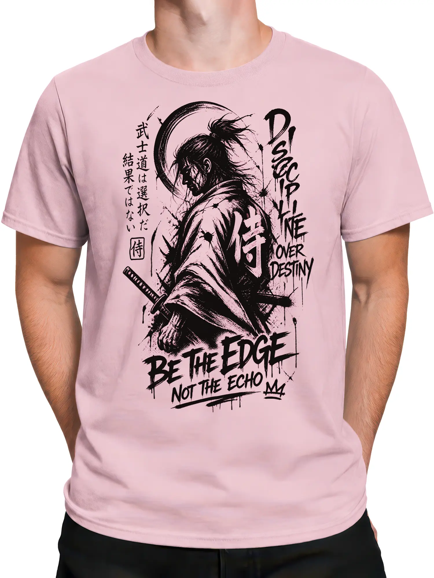Male torso wearing a pink samurai T-shirt with black ink warrior artwork and discipline slogans
