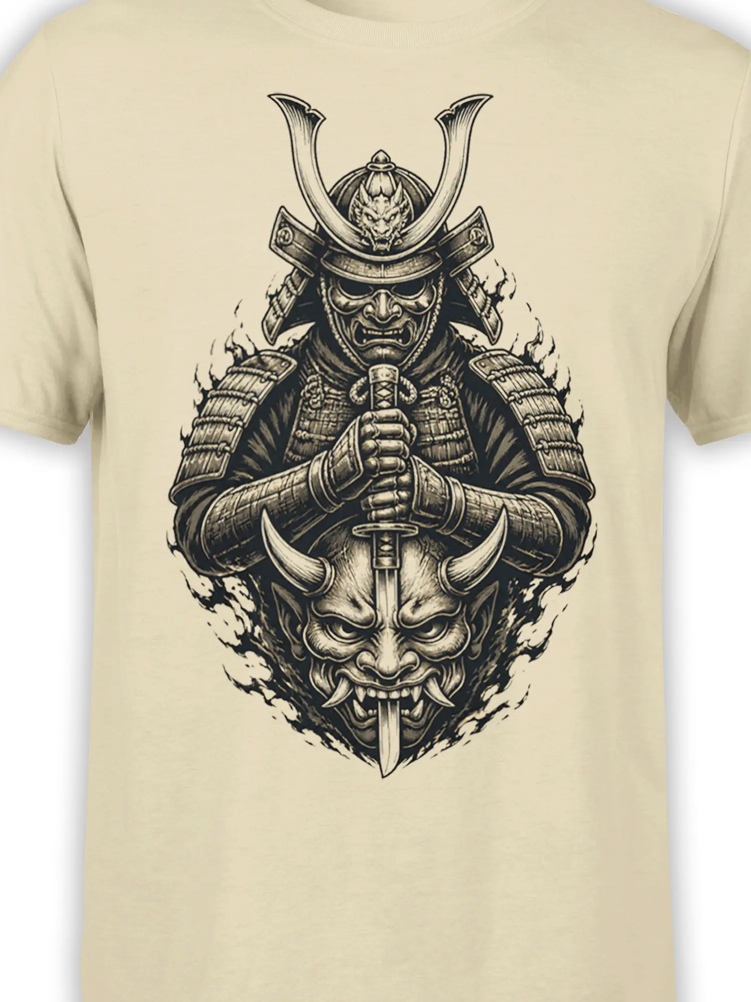 Close-up of the samurai armor, fierce mask, horned demon face, and sword printed on a beige T-shirt