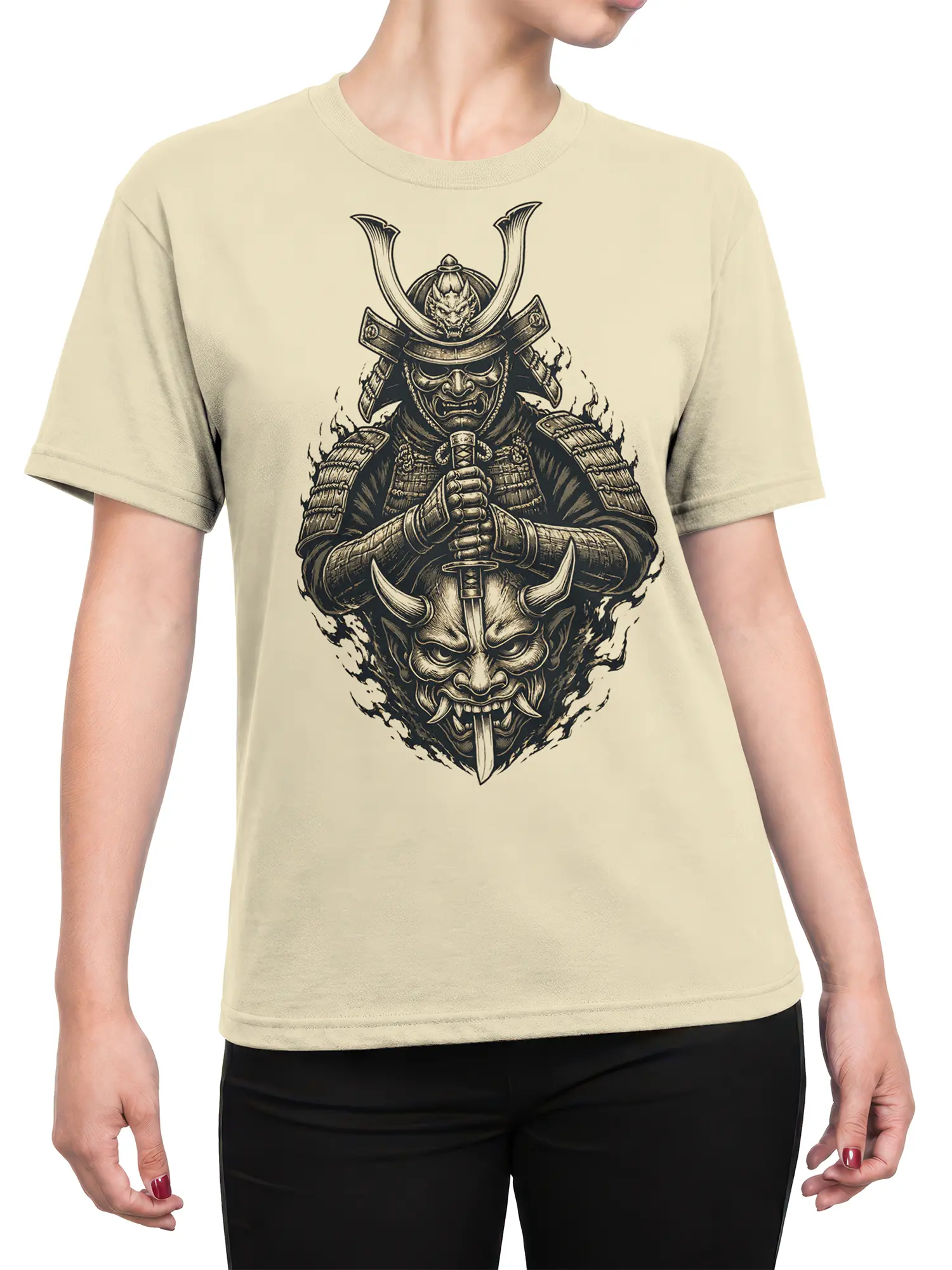 Female torso wearing a beige T-shirt with an armored samurai and horned demon sword design