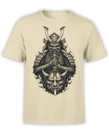 Beige T-shirt with a black-and-gray armored samurai, horned demon face, and sword graphic