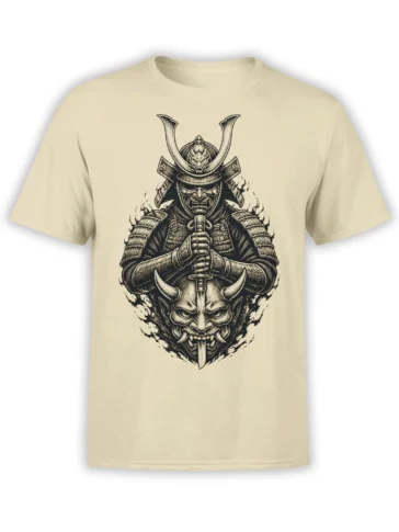 Beige T-shirt with a black-and-gray armored samurai, horned demon face, and sword graphic