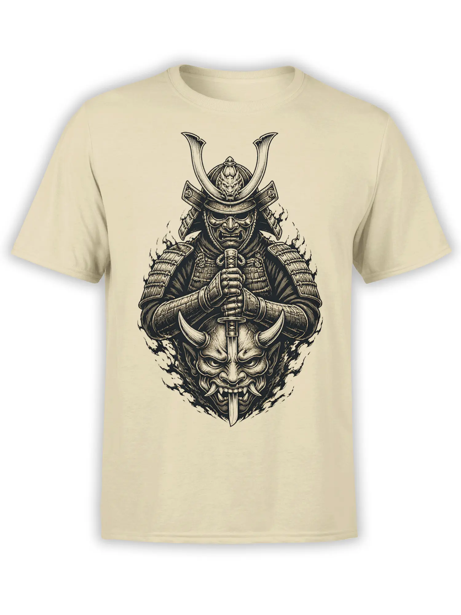 Beige T-shirt with a black-and-gray armored samurai, horned demon face, and sword graphic
