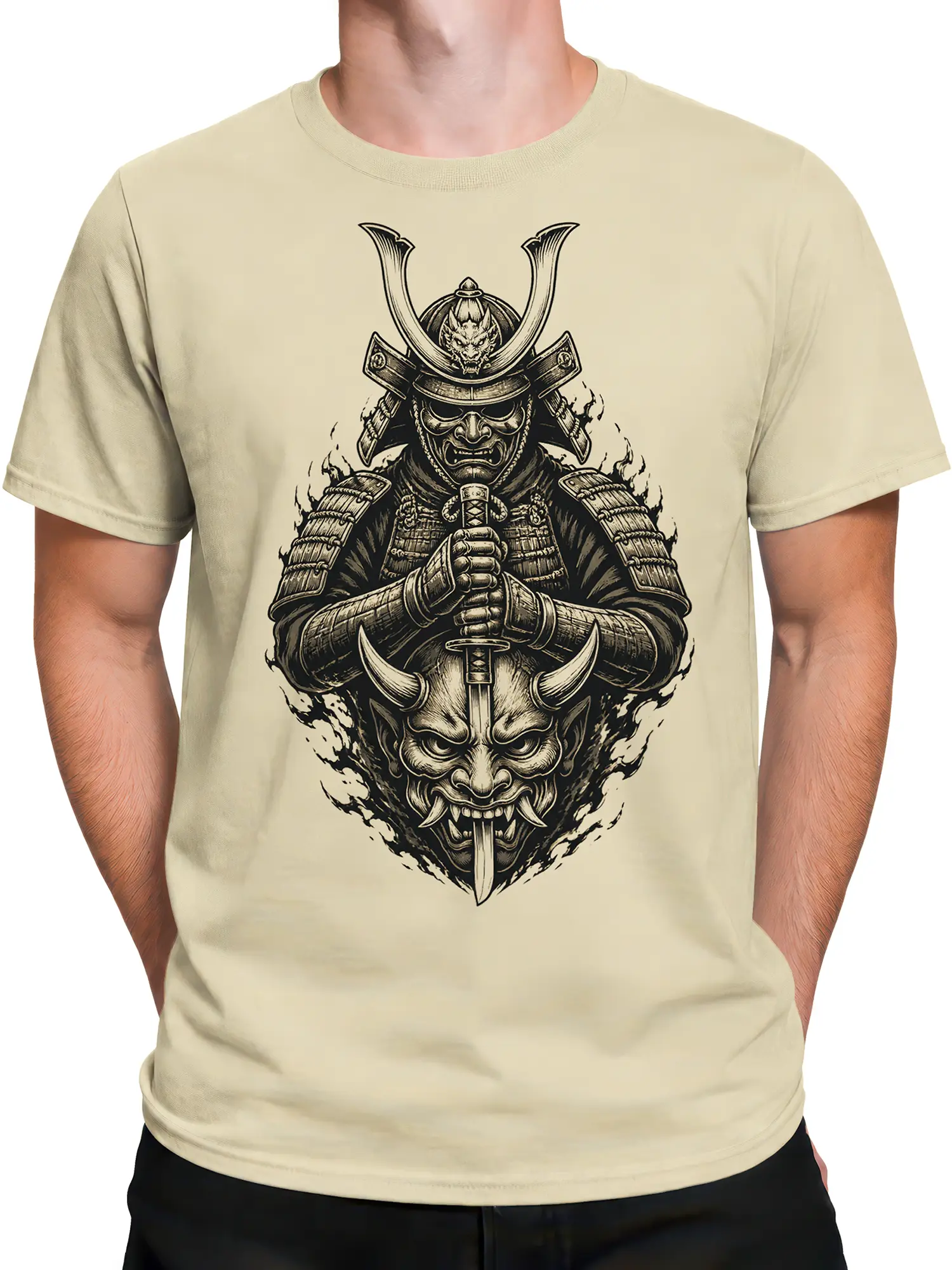 Male torso wearing a beige T-shirt with a dark oni samurai warrior graphic