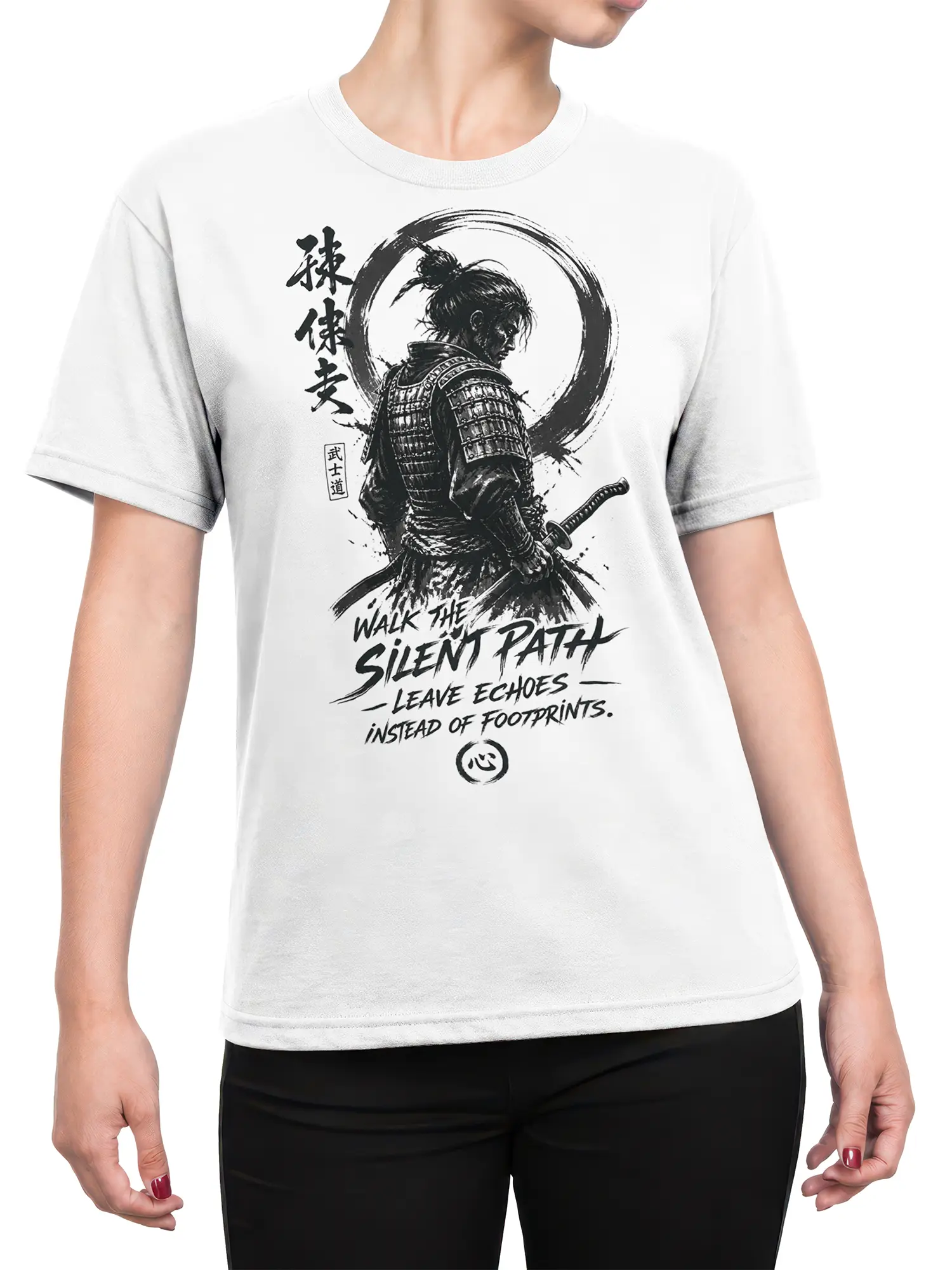 Female torso wearing a white samurai T-shirt with black ink artwork and a silent path message
