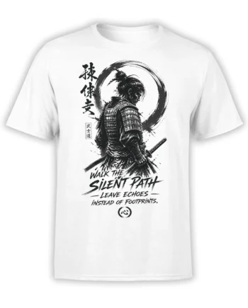 White T-shirt with black-and-white samurai artwork, swords, ink circle, and silent path message