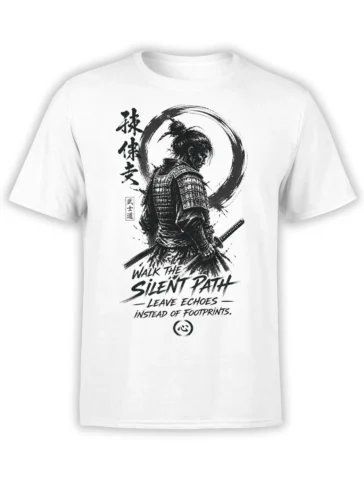 White T-shirt with black-and-white samurai artwork, swords, ink circle, and silent path message