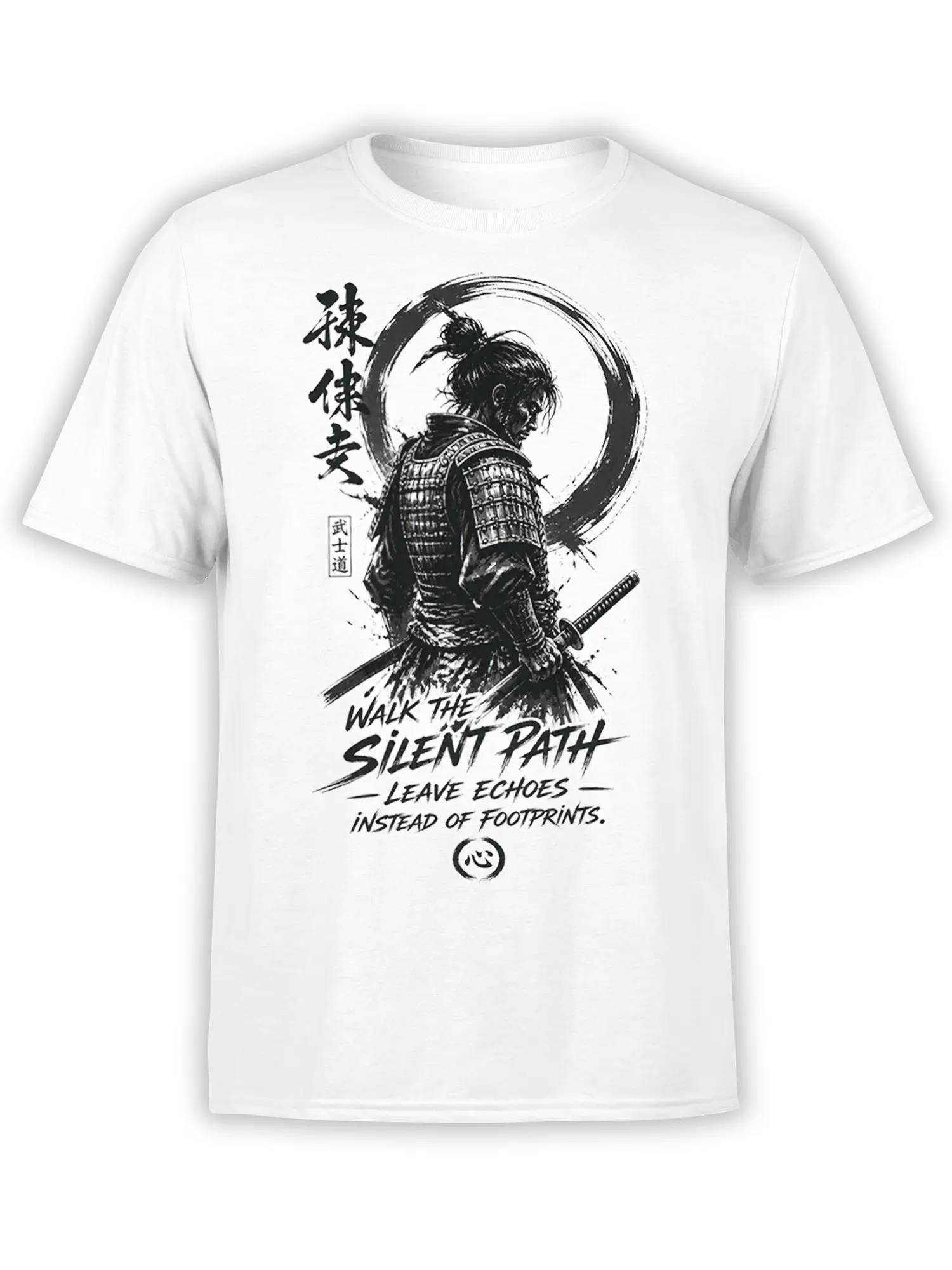 White T-shirt with black-and-white samurai artwork, swords, ink circle, and silent path message