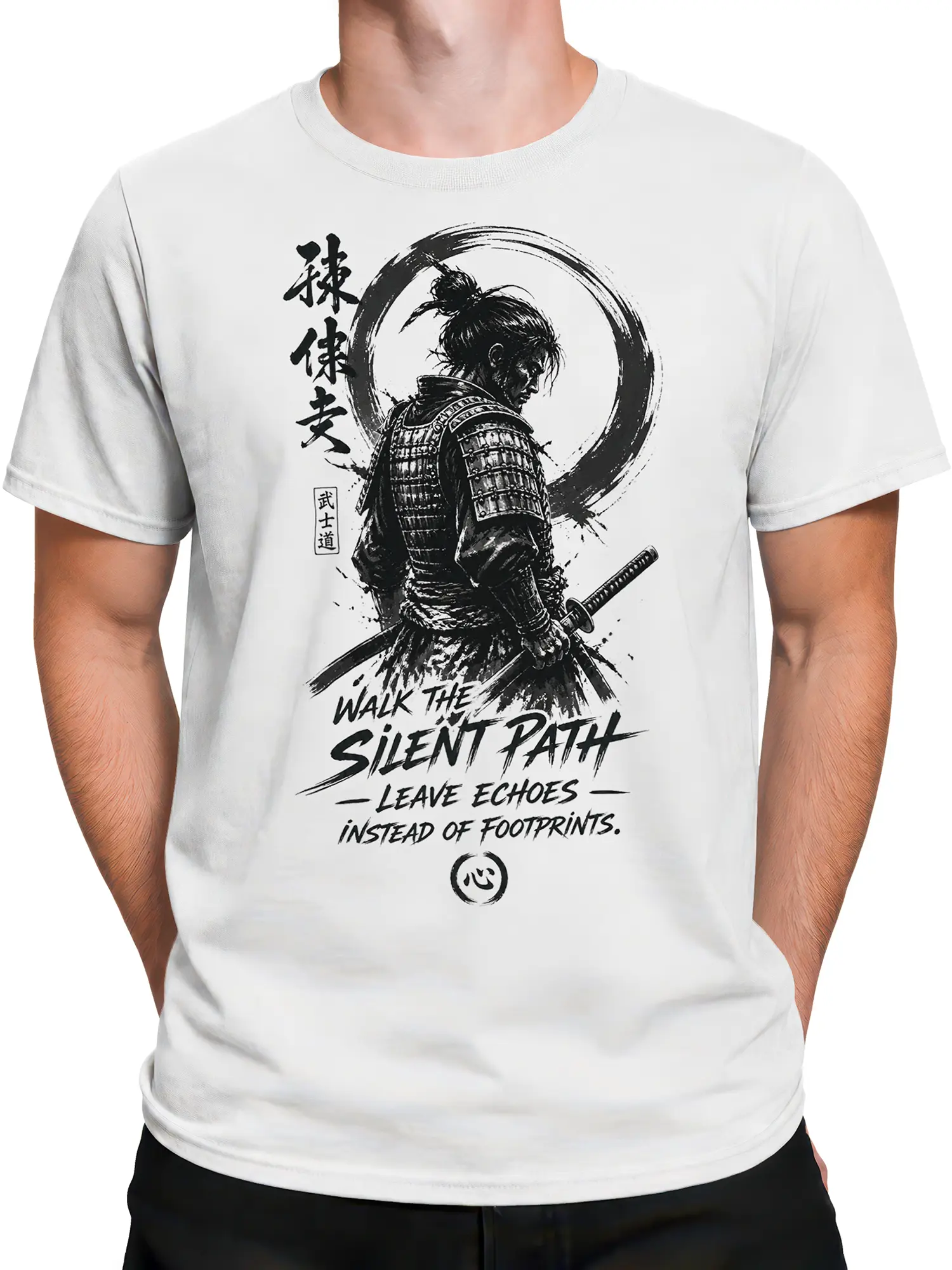 Male torso wearing a white samurai T-shirt with swords, ink circle, and silent path artwork