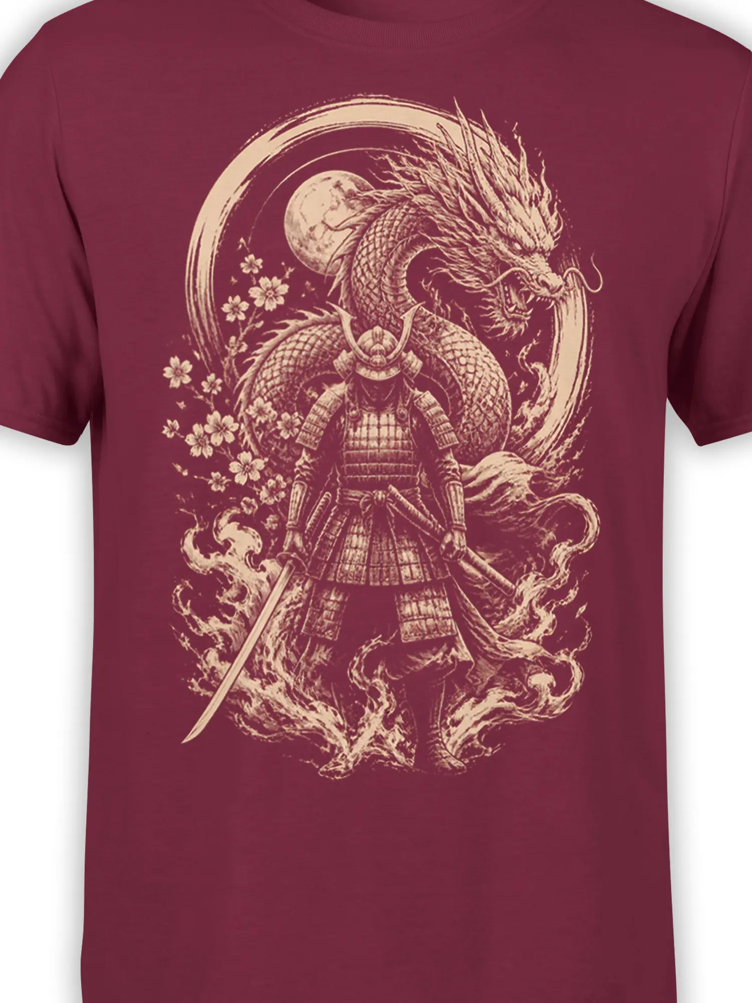 Close-up of the cream dragon and samurai artwork on a burgundy graphic T-shirt