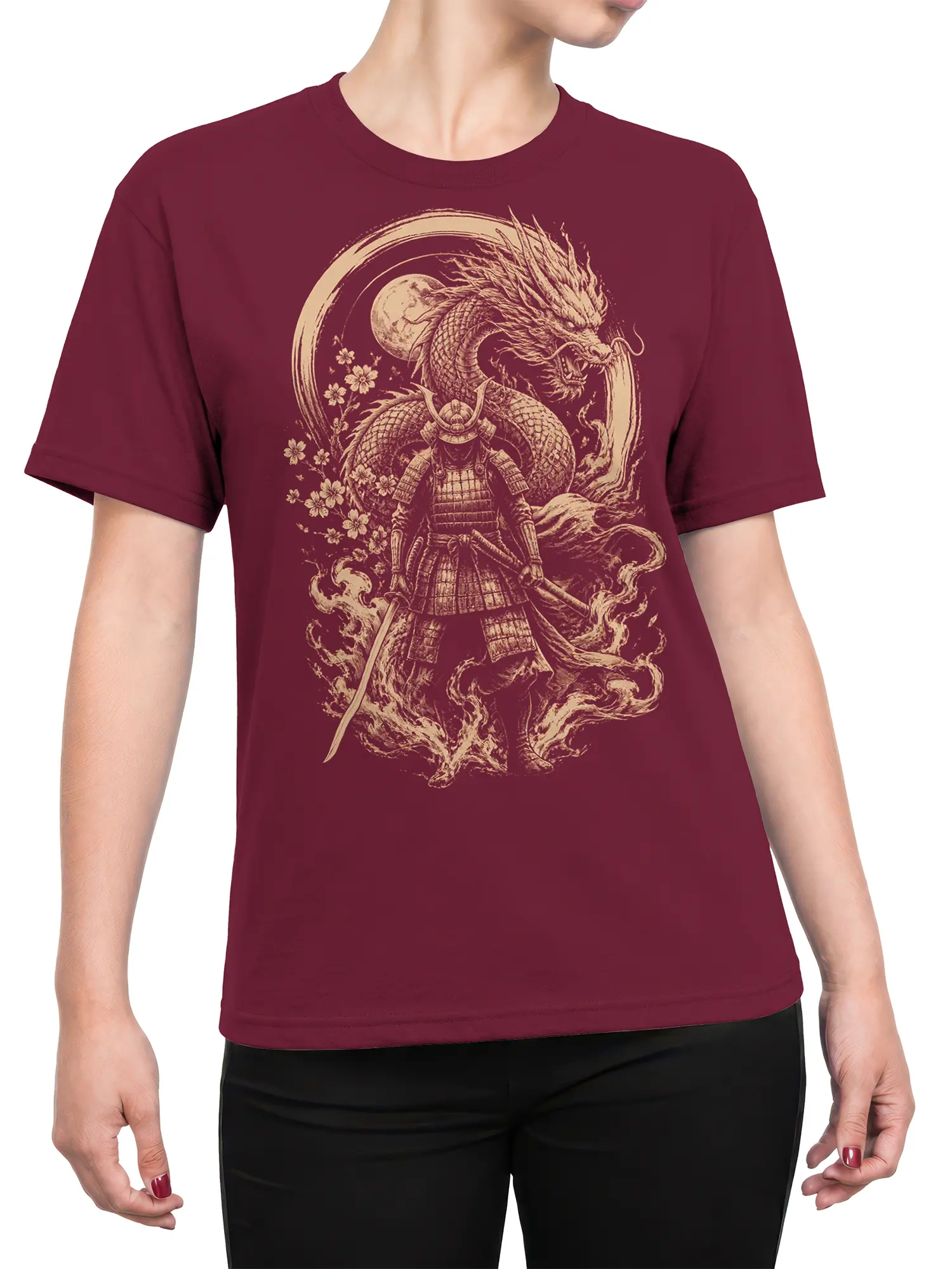 Female torso wearing a burgundy T-shirt with a moonlit dragon and samurai design