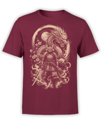 Moonlit cream dragon and armored samurai design printed on a burgundy T-shirt