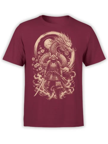 Moonlit cream dragon and armored samurai design printed on a burgundy T-shirt