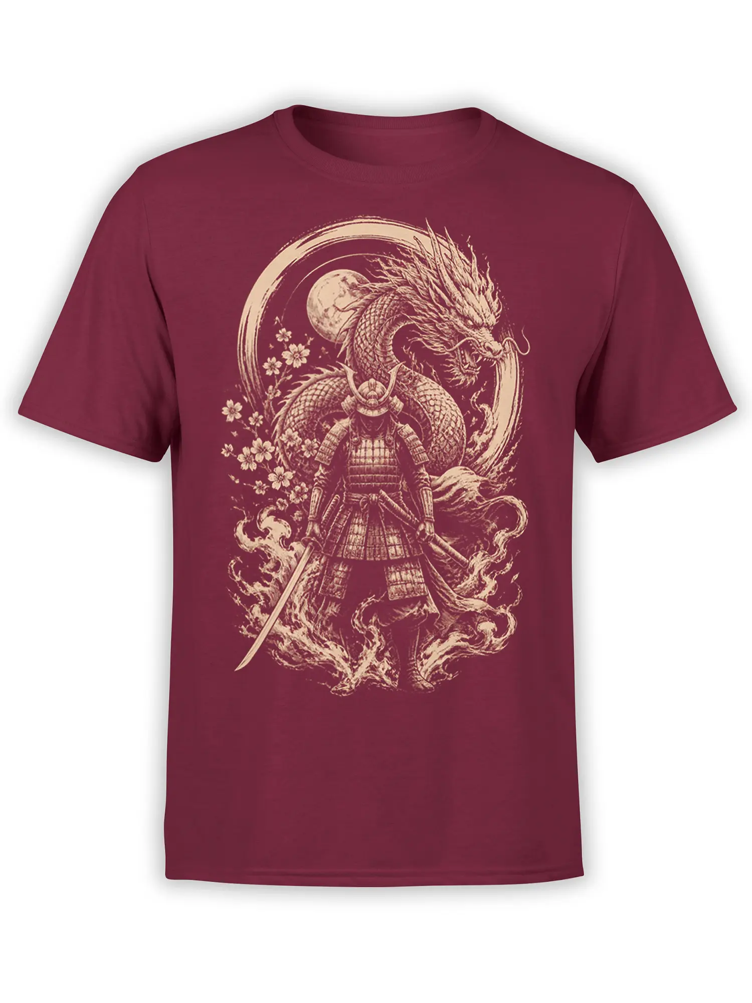 Moonlit cream dragon and armored samurai design printed on a burgundy T-shirt