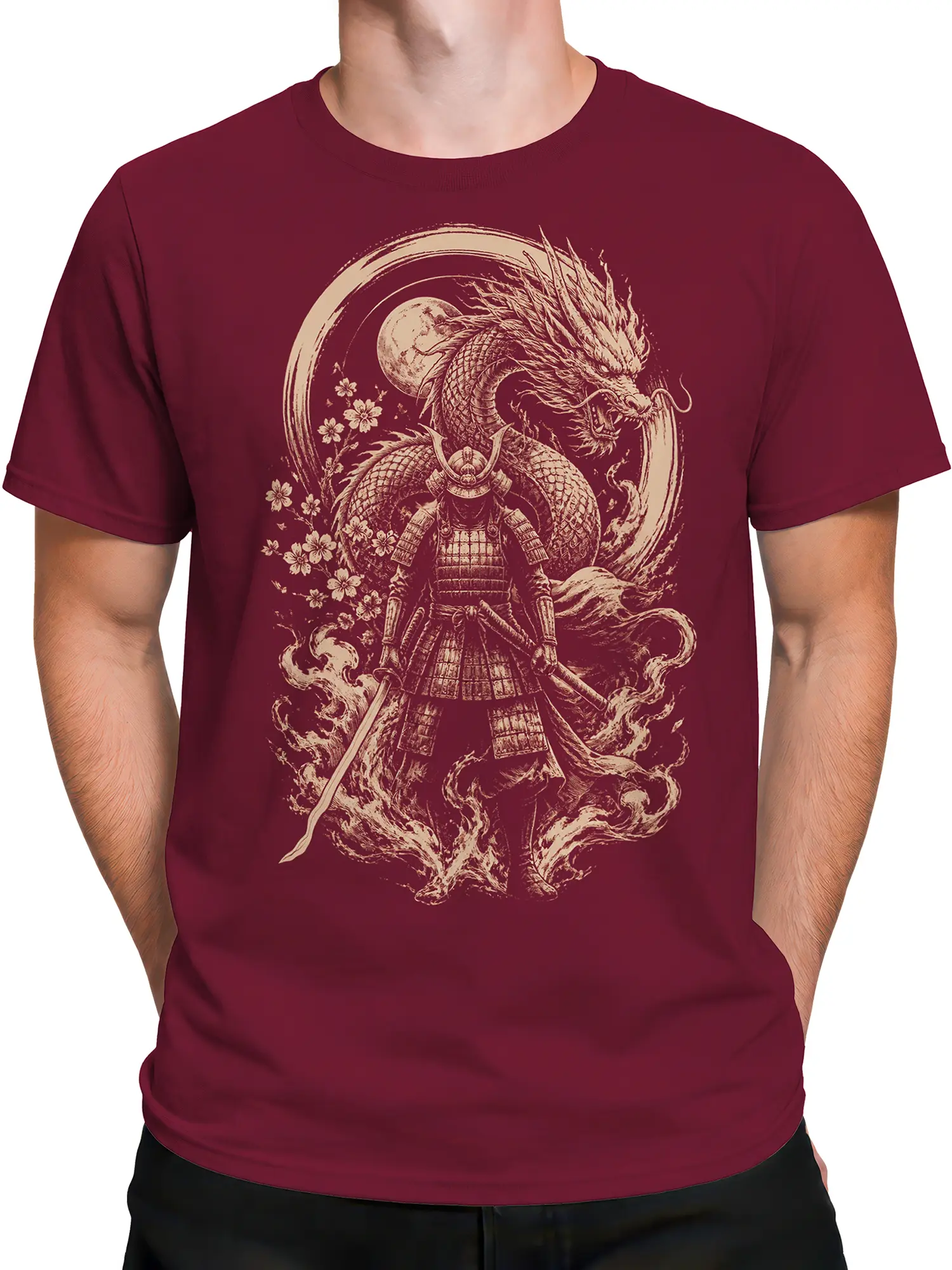 Male torso wearing a burgundy T-shirt with a cream dragon and samurai illustration