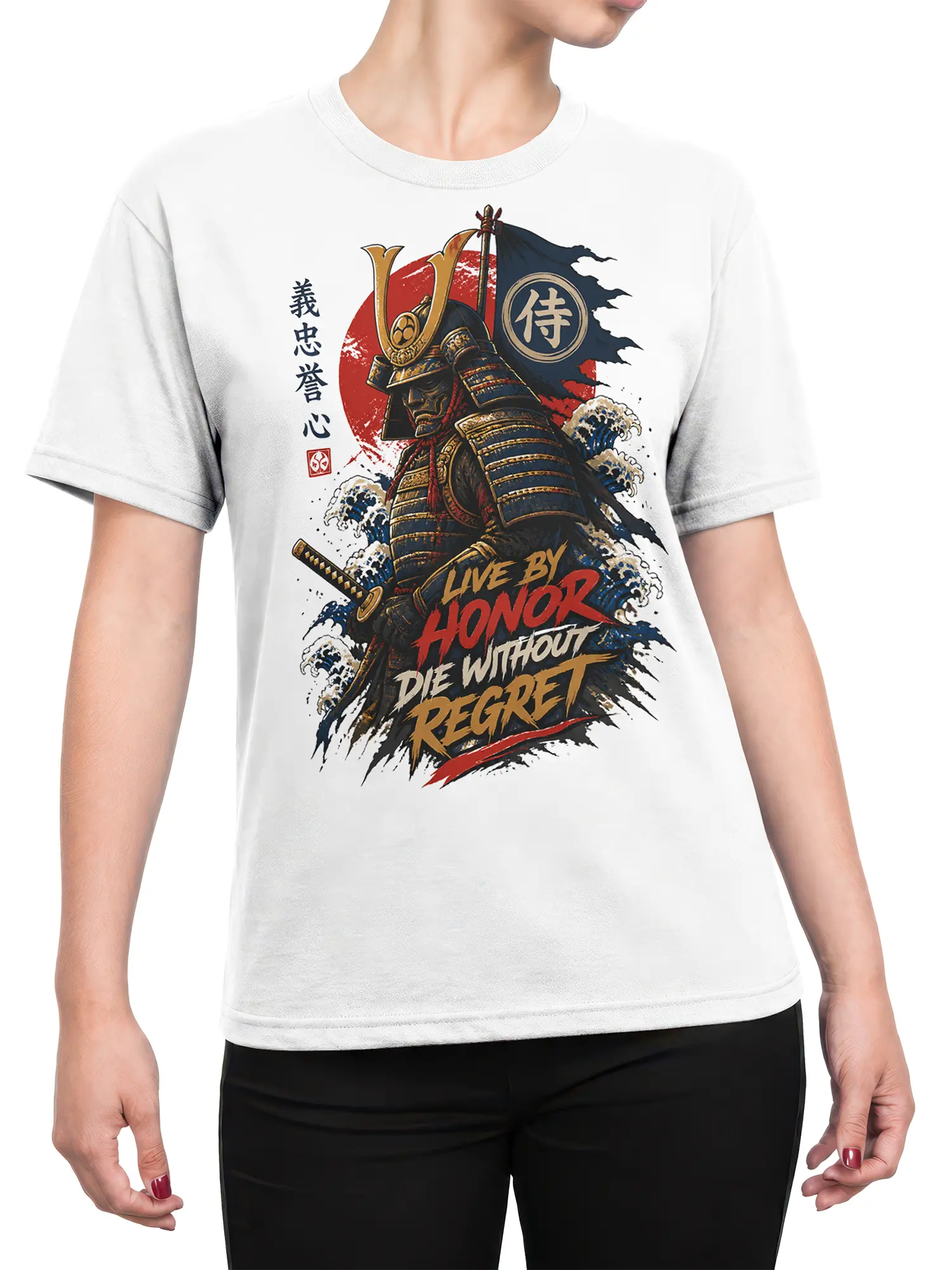 Female torso wearing a white samurai graphic tee with warrior armor, sword, waves, and bold honor lettering
