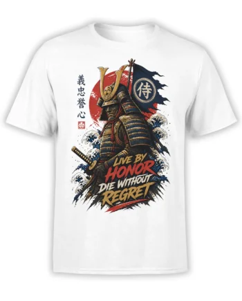 White samurai t-shirt with armored warrior, sword, red sun, blue banner, waves, and honor lettering