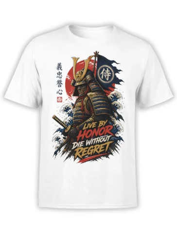 White samurai t-shirt with armored warrior, sword, red sun, blue banner, waves, and honor lettering