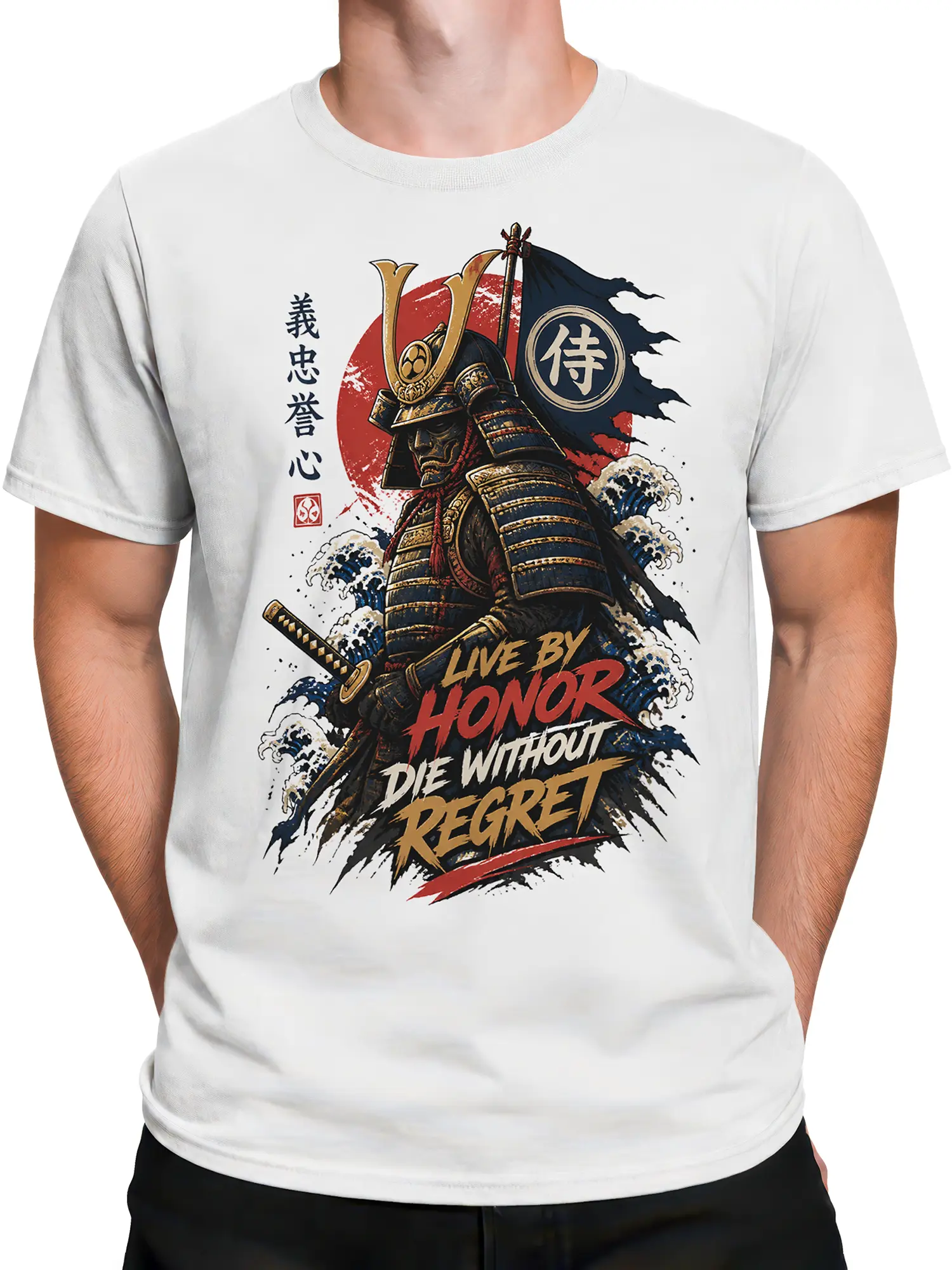 Male torso wearing a white samurai t-shirt with red sun, blue banner, sword, and warrior artwork