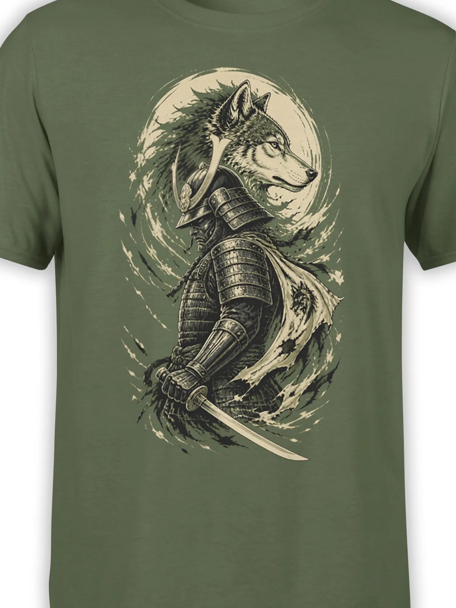 Detailed samurai wolf artwork with armor and sword printed on a green T-shirt