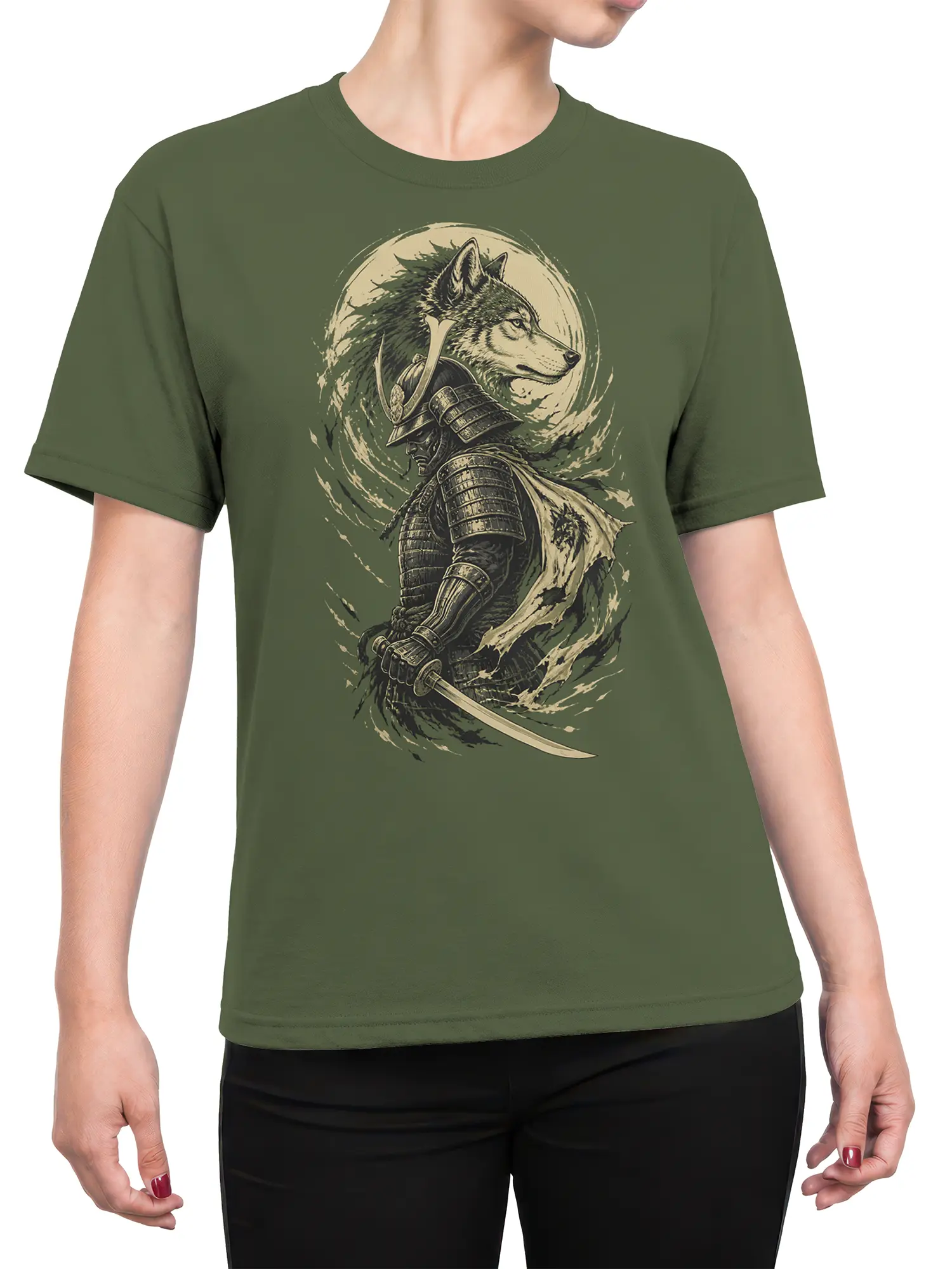 Female torso wearing a green T-shirt with a detailed samurai wolf and sword design
