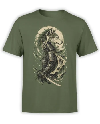 Fierce wolf in samurai armor holding a sword on a green graphic T-shirt