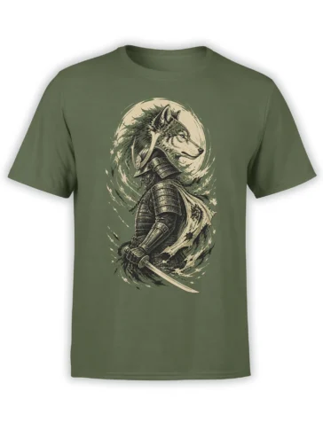 Fierce wolf in samurai armor holding a sword on a green graphic T-shirt