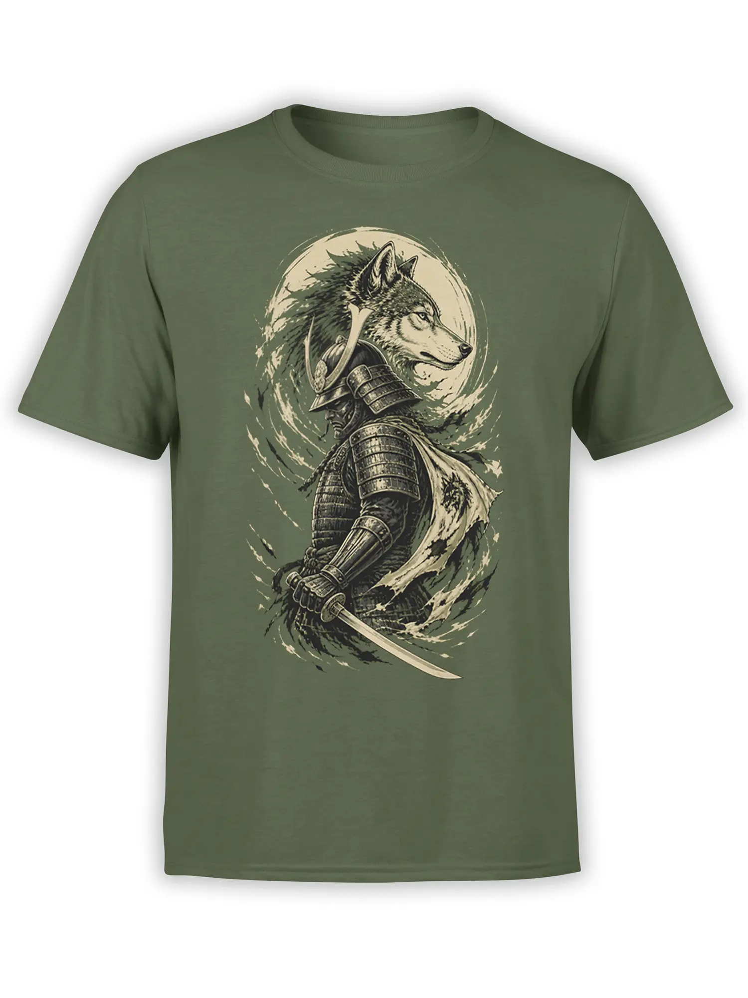 Fierce wolf in samurai armor holding a sword on a green graphic T-shirt