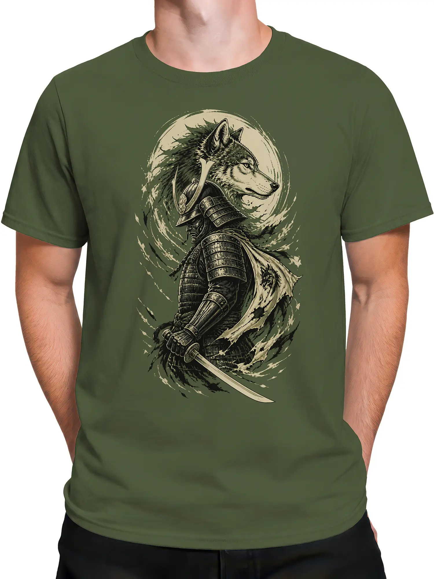 Male torso wearing a green samurai wolf T-shirt with an armored wolf and sword
