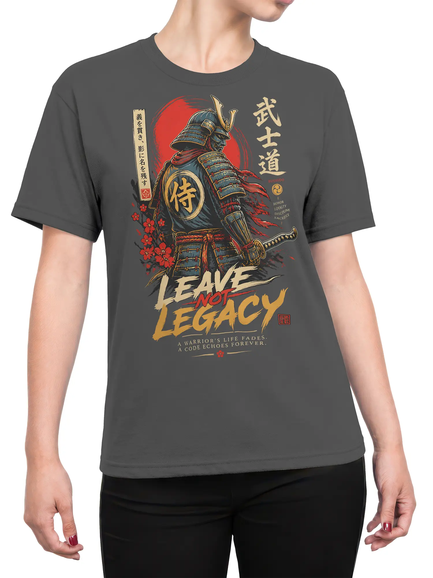Female torso wearing a gray samurai T-shirt with armor, sword, red sun, blossoms, and legacy artwork