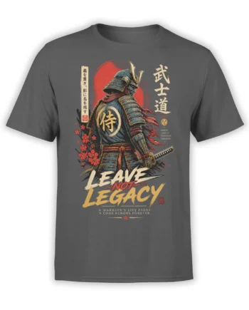 Gray T-shirt with an armored samurai, sword, red sun, blossoms, and bushido legacy lettering