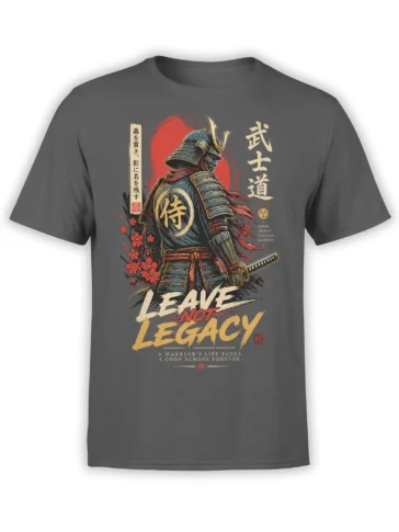Gray T-shirt with an armored samurai, sword, red sun, blossoms, and bushido legacy lettering