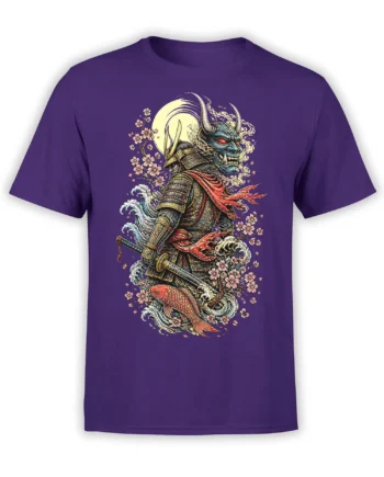 Purple T-shirt with a horned oni warrior in samurai armor, koi fish, moon, waves, and cherry blossoms