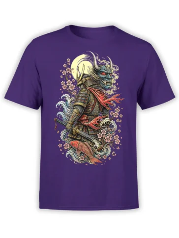 Purple T-shirt with a horned oni warrior in samurai armor, koi fish, moon, waves, and cherry blossoms