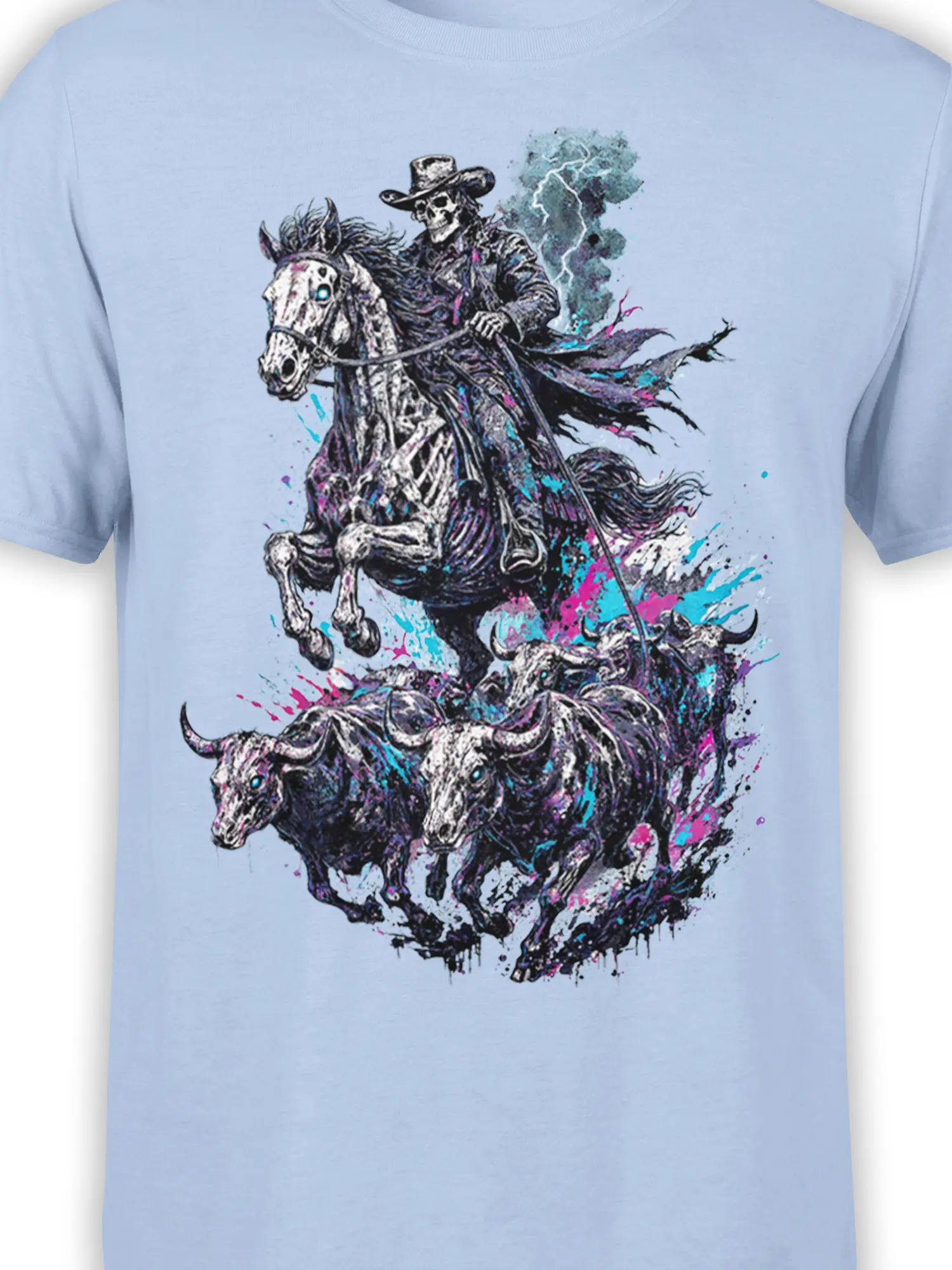 Close-up of skeleton cowboy, skeletal horse, lightning, and colorful bone artwork on a light blue T-shirt